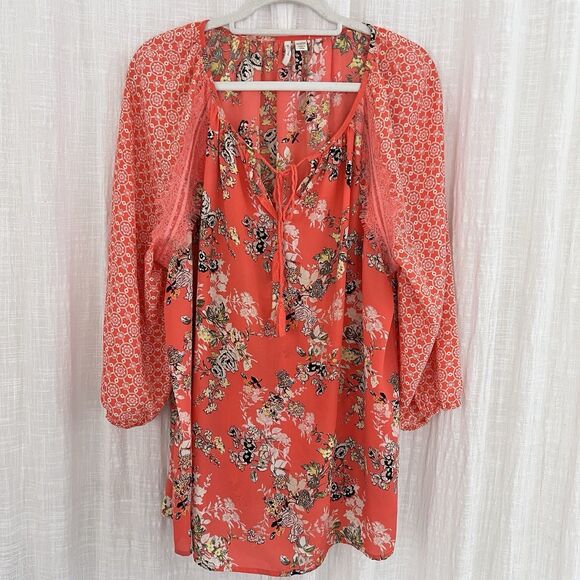 Cato EST 1946 Coral Orange Floral Boho Flowy Billowy Blouse - Plus Size 18/20W - Picture 1 of 10